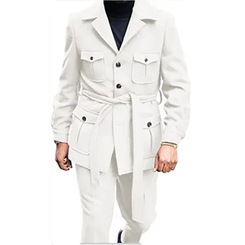 2 peças Branco Clássico dos Homens de Terno traje homme Breasted Único terno quatro bolso do Blazer Casual Cinto de moda do Blazer, Calças de Conjunto