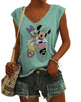 2023 Moda Senhoras Parte Superior Do Tanque De Verão V Pescoço Top De Disney Do Minnie Do Mickey Mouse T-Shirt De Impressão Casual Parte Superior Do Tanque De Mulheres Soltas Sem Mangas