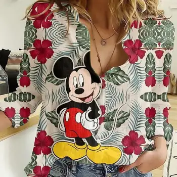 2023 Moda de Nova Disney Tops da Mulher do Mickey para Imprimir Série Temperamento Casual Tops Tops Casuais das Mulheres Soltas, Camisas Longas da Luva
