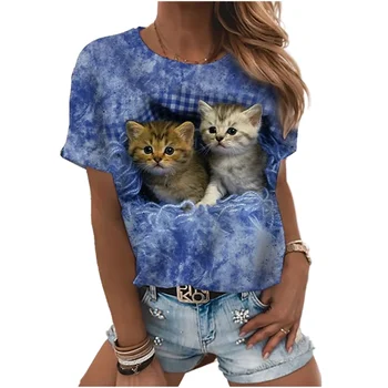 A moda Animal de Impressão 3D Gato Camisas das Mulheres de Verão, T-shirts Divertidas Mangas Curtas Colorido O-Tops com decote em Camisolas Vintage T-shirt