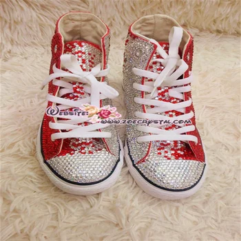 Alto branco top prata vermelho strass, fita personalizada estilo de sapatos de lona integrado de desportos casuais sapatos de sapatos femininos 35-44