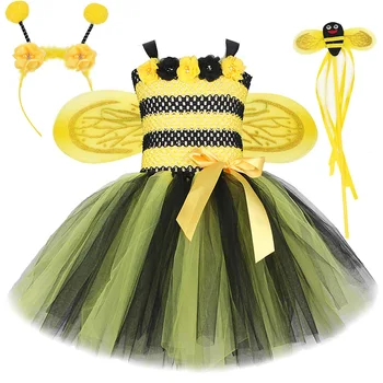 Bumble Bee Tutu Vestido para Bebê Meninas Aniversário Roupa Traje de Halloween para Crianças de Abelhas Cosplay Vestidos com Asa de Cabeça Conjunto de