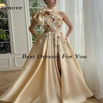 Cenove de Champanhe de Luxo de Um Ombro só com Cinto Vestido de Baile Com um Arco de Flores Vestido de Noite Formal Vestidos para as Mulheres, Festa de Casamento 2023