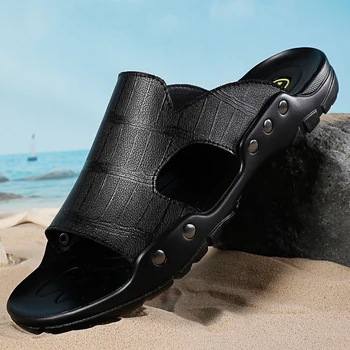 Couro Genuíno Homens Chinelos De Quarto Clássico Respirável Slip-On Sandálias Homens Casuais Sapatos De Praia Ao Ar Livre Chinelos Confortáveis Grande Tamanho 52