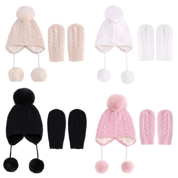 De inverno, Luvas e Chapéus para Crianças Crianças Aba da Orelha Quente Chapéus Bonitos Luvas de Malha de Bebê Lindo Pompons Caps Caps de Neve