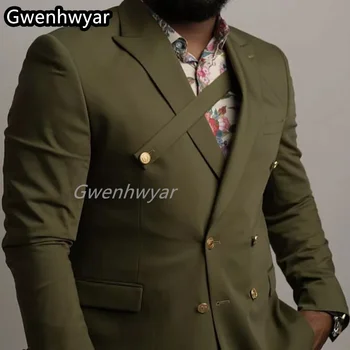 Gwenhwyar De Design De Moda, Verde Do Exército Homens Blazer, Calças De Ajuste Clássico Pedaço De 2 Double Breasted Casual Homens Ternos