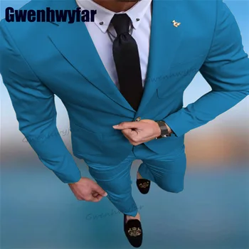 Gwenhwyfar 2023 Clássico de 2 peças de roupas masculinas Vestidos de Noiva Noivo Smoking, Blazer Azul Conjuntos Formal, Traje Homme Slim Fit Roupa
