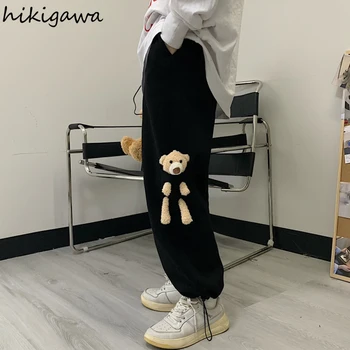 Hikigawa Mulheres de Perna Larga Calças Soltas 3D Urso Calças Primavera coreano Novas Pelúcia Grosso Casual Cordão de Moda de calças de Moletom 7z185