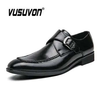 Homens Monge Mocassins De Couro Ponto Toe Salto Baixo Fivela Única Preto Slip-On Business Casual Clássico Vestido Sapatos Confortáveis