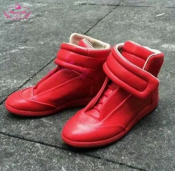 Homens Sapatos Casuais homens quentes da venda vermelho glazed couro belos sapatos flats moda de rua de hook&loop de topo do sexo masculino formadores de sapatos