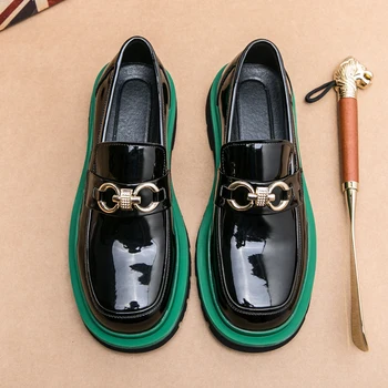Homens Sapatos de Espessura Inferior de Metal Decoração Preto Deslizamento Vestido de Oxfords Plataforma Designer de Sapatos Homens Respirável Calçados de Couro