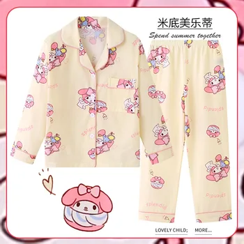 Kawaii Sanrioed Kuromi Pijama Minha Melodia Cinnamoroll Crianças Pijamas de Primavera Bonito Anime para Crianças, Roupa de Homewear Roupas de Presente