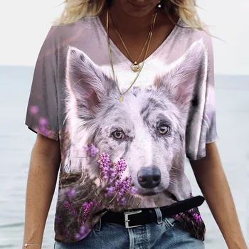 Lindo Cão de Impressão 3D Mulheres Garota T-Shirt de Impressão Digital Casual Manga Curta, Top de Verão T-shirt