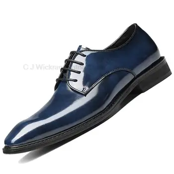 Marca de luxo Homens Shoes Preto Azul de Cabeça Quadrada Formal, Sapatos Homem, sapatos de Vestido Office Casamento Genuíno Couro Oxford Sapatos Para Homens