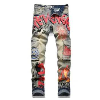 Mcikkny A Nova Safra De Graffiti Impresso Calças Jeans Multi-Bolsos Hip Hop E Streetwear Calças Jeans Para Homens Reta
