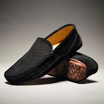 Moda Escorregar No moccassin Verão respirável Mens Marca de sapatos de Couro Genuíno Sapatos 2022 Clássico Preto Exterior Condução Flats