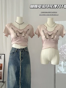 Mulheres T-Shirt cor-de-Rosa Y2k Moda de Impressão Gráfica de 90 Bebê Tee Superior coreano Vintage Harajuku Grunge Funny T-Shirt da década de 2000 Top de Verão 2023