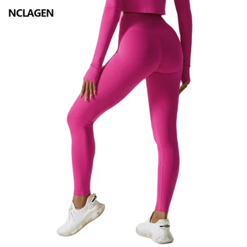 NCLAGEN Calças de Yoga Mulheres Outerwear Execução Seca Rápido de Fitness Legging de Ginástica de Alta Cintura Quadril Levantamento de Treino Espólio Amassar meia-Calça