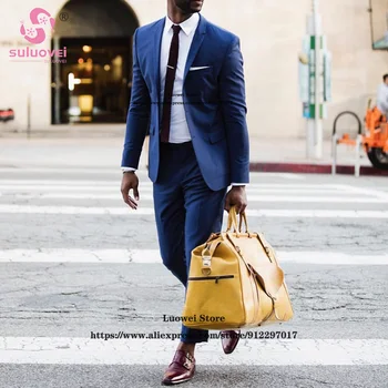 Negócios De Moda Slim Fit Ternos Para Homens 2 Peça Jaqueta Calças Conjunto Formal Africana Noivos De Casamento Lapela Entalhe Traje Smoking Homme