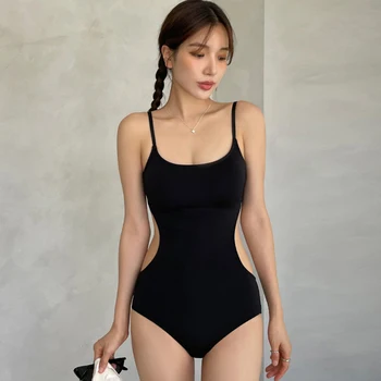 Novo Japonês, coreano Mulheres, Uma Peça de Cor Sólida Banho com Alça Estilo de Vazamento de Volta Sexy Slim Hot Spring Resort Swimwear