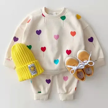 O coreano Crianças do Bebê Balão de Impressão Conjuntos de Vestuário Meninas Meninos Camisolas de Algodão+Calças 2pcs Conjuntos de Treino de Roupas infantis
