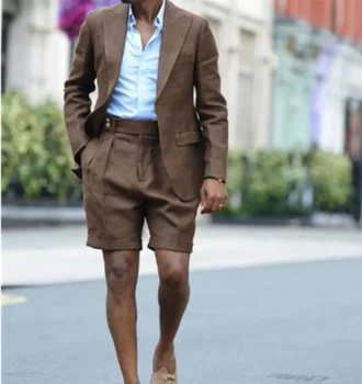 Os Homens Verão Pano De Linho Curto Ternos De 2 Peças Pico Lapela Do Blazer Curto Calças Casuais Street Masculino Vestir/Moda Traje Homme Conjunto