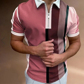 Os homens de camisa de POLO exterior casual manga curta lapela T-shirt de impressão 3D zíper semi-aberto pulôver de gola fina topo