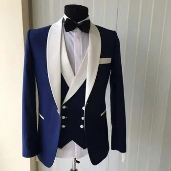 Personalizada para Nova Azul Marinho Casamento мужской костю Melhores Homens do Elegante Vestido de Luxo Noivos Homem de paletó + calça + colete + arco
