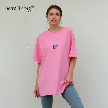 Sean Tsing® 100% Algodão Esporte Oversized T-shirt Mulher Manga Curta de Cor Sólida Tees de Yoga de Treino de corrida Solta 
