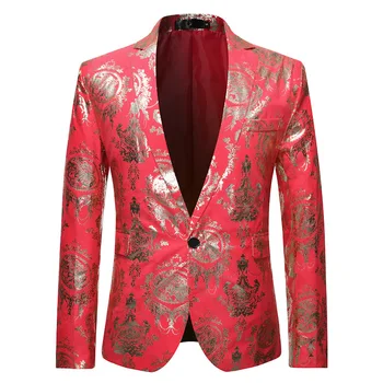 Vermelho Floral Print Vestido Blazer Homens Slim Fit, Um Botão de Atender Blazer Jaqueta Homens Elegantes DJ Club de Casamento Smoking, Blazer Masculino