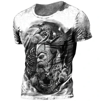 Verão Odin Viking em torno do Pescoço Solto Short Sleeve Top Casual T-shirt Mais o Tamanho de T-shirt Vintage Tatuagem de Impressão 3D dos Homens T-Shirt