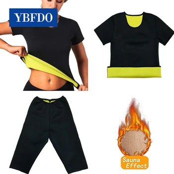 YBFDO Mulheres Sauna Camisa de Shaper do Corpo da Perda de Peso Quente Suor Terno Cintura Treinador de Neoprene do Emagrecimento do Treino Tops, Calças de Suor de Formação