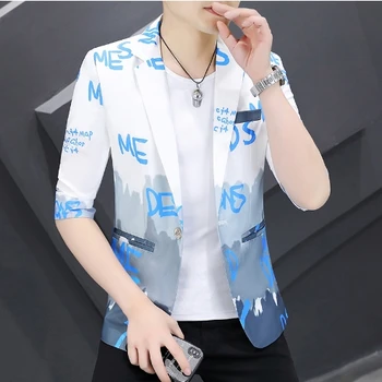 moda mens impressão Gradiente superior jaqueta médio manga do paletó de mens moda Slim Fit Pequeno Brasão